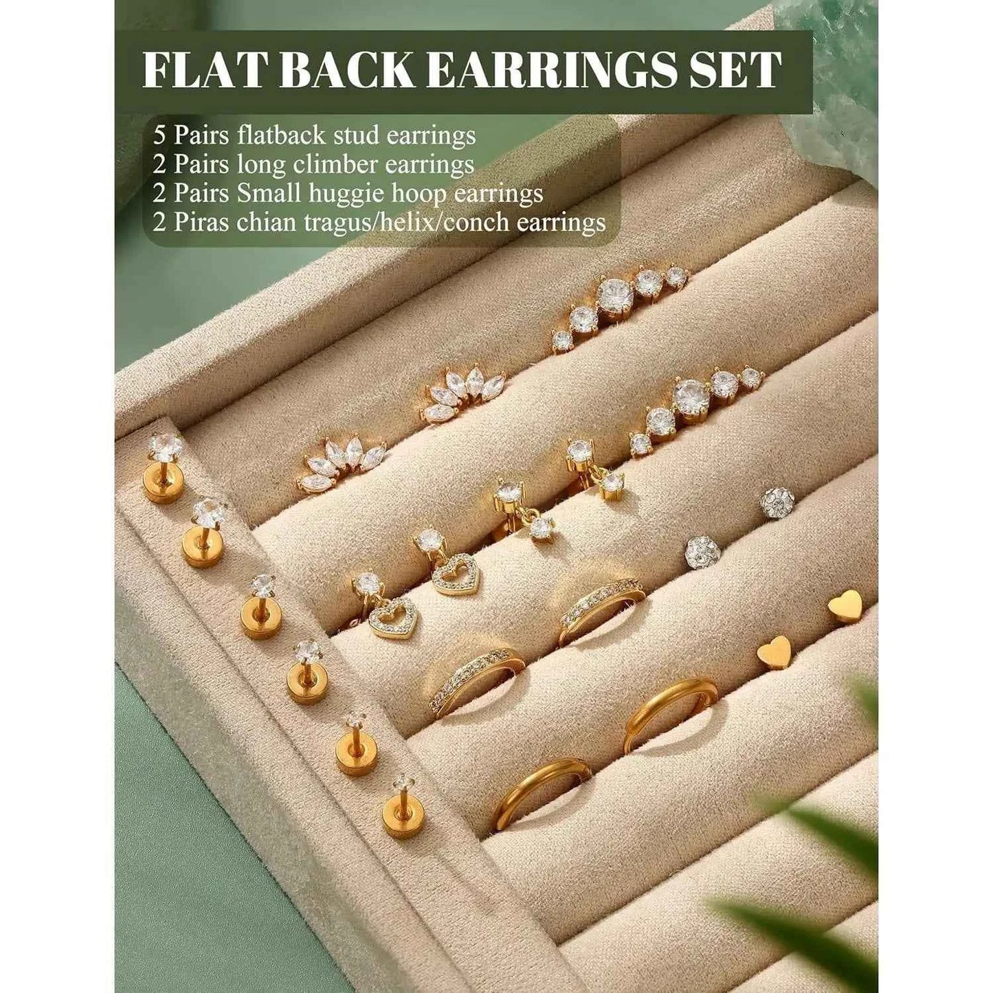Flat Back Earrings Set - 11 Pairs Surgical Steel Studs & Hoops for Cartilage Helix Tragus