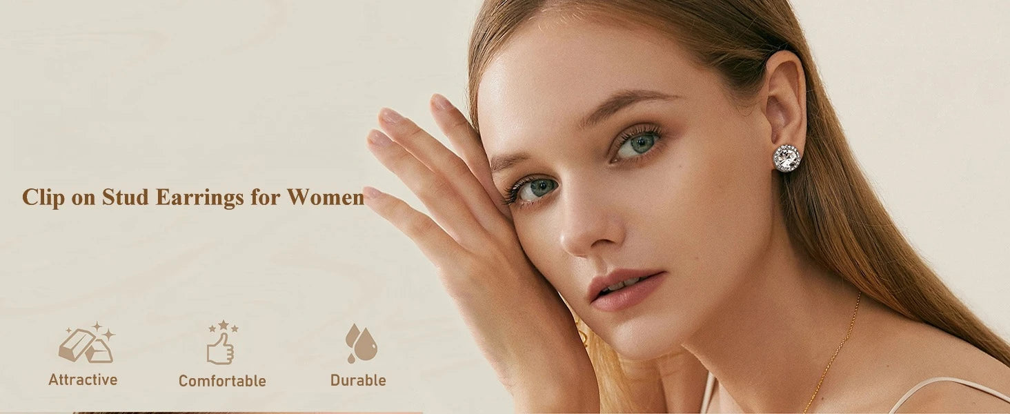 Woman wearing clip-on stud earrings with text and icons on a beige background