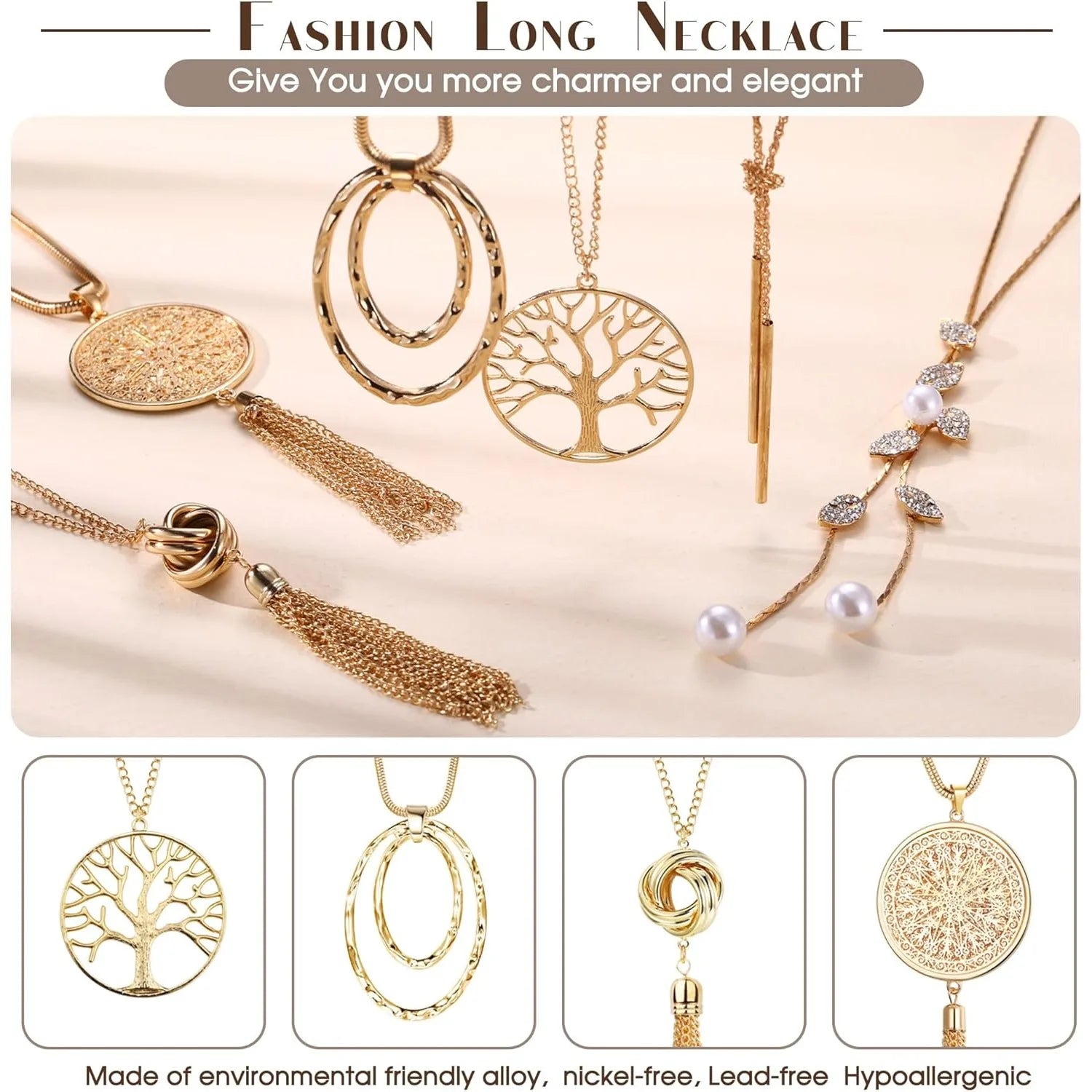 Collection of gold necklaces with various designs on a beige background.