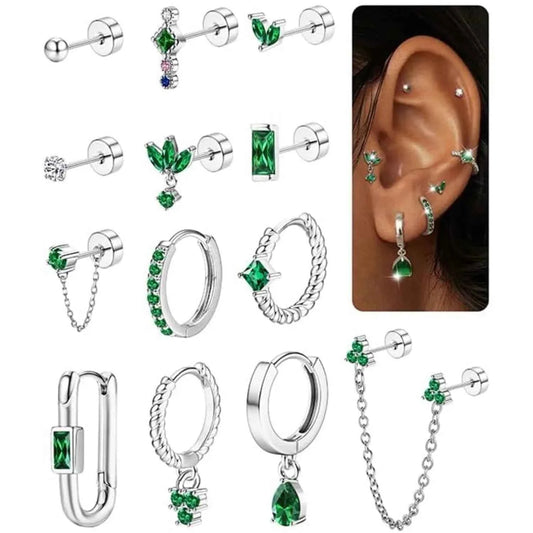 Green Stud & Hoop Earring Set - 13 Piece Stainless Steel Collection