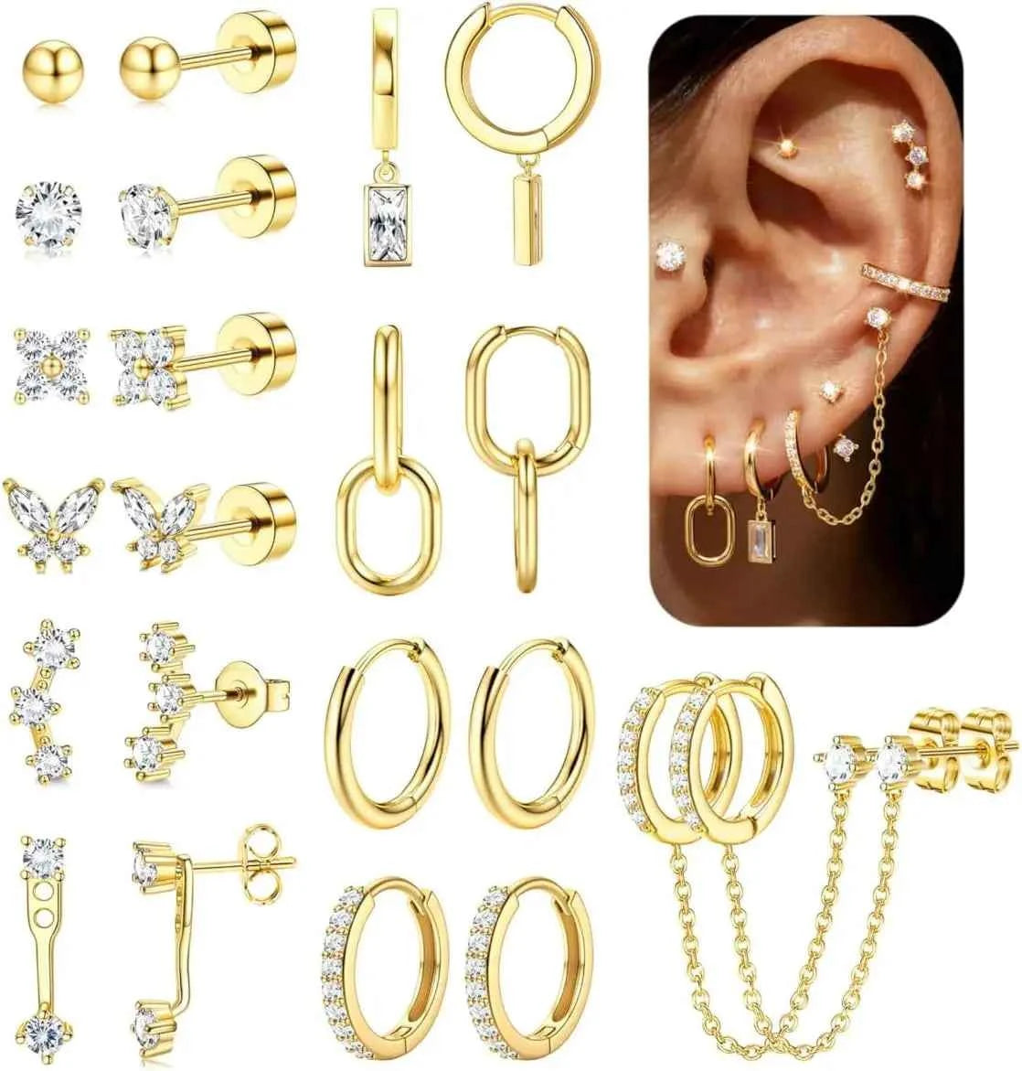 14K Gold Plated Hoop Earrings for Women Double Piercing Chain Earrings Dainty Stud Earrings Hypoallergenic Hoop Earrings Set