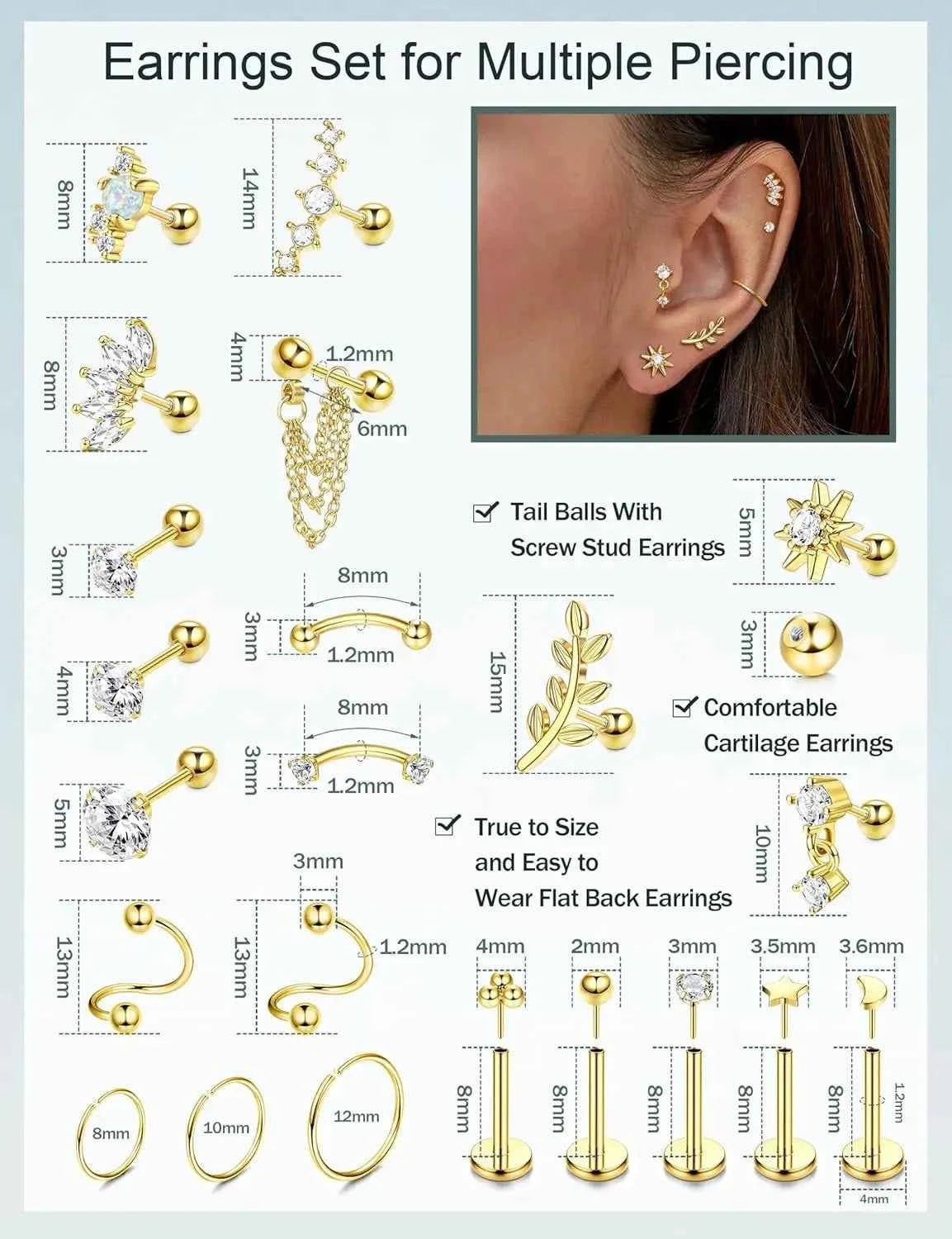 Cartilage Earrings Set - 22 Pieces 16G Surgical Steel Flat Back Studs & Nose Rings