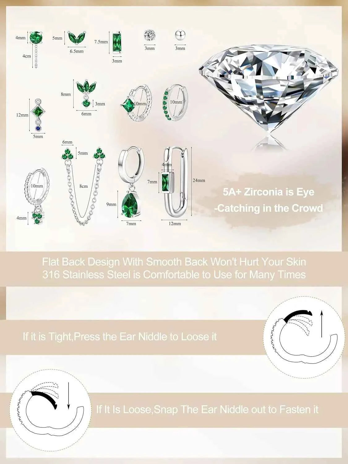 Green Stud & Hoop Earring Set - 13 Piece Stainless Steel Collection