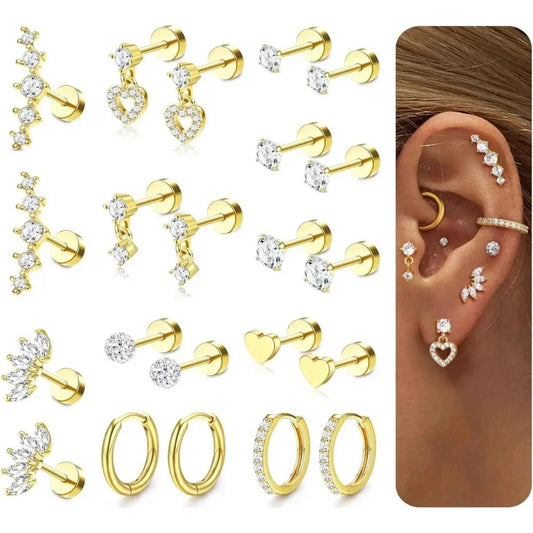 Flat Back Earrings Set - 11 Pairs Surgical Steel Studs & Hoops for Cartilage Helix Tragus