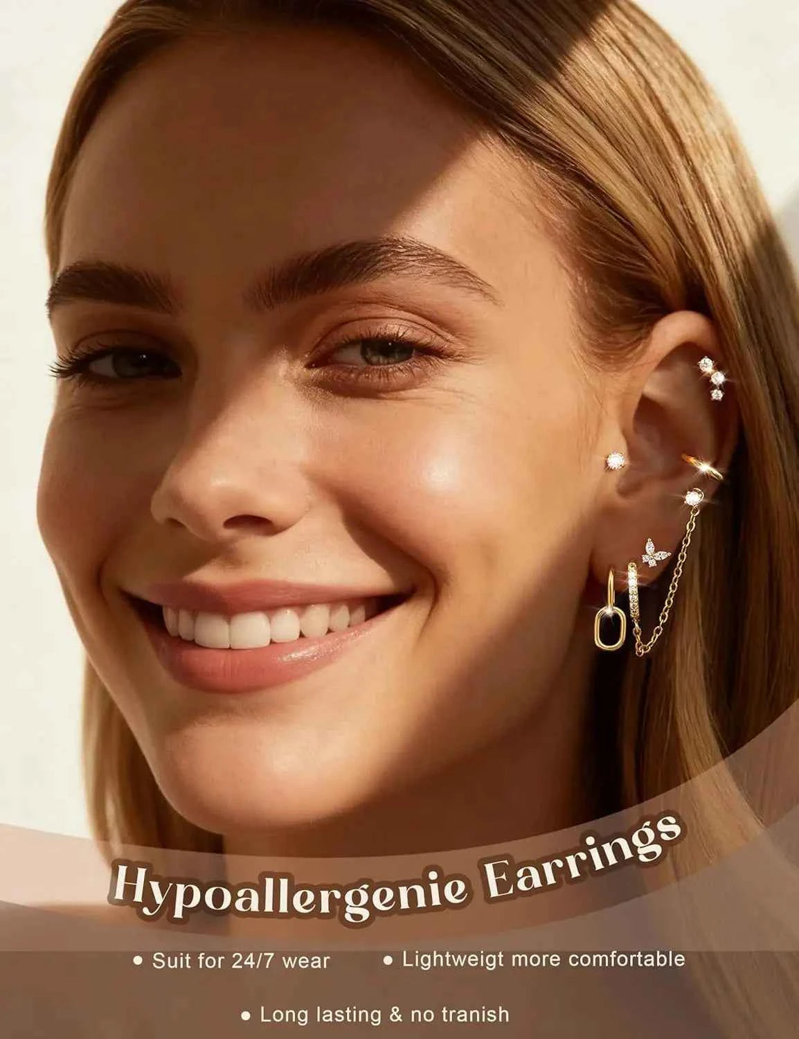 14K Gold Plated Hoop Earrings for Women Double Piercing Chain Earrings Dainty Stud Earrings Hypoallergenic Hoop Earrings Set