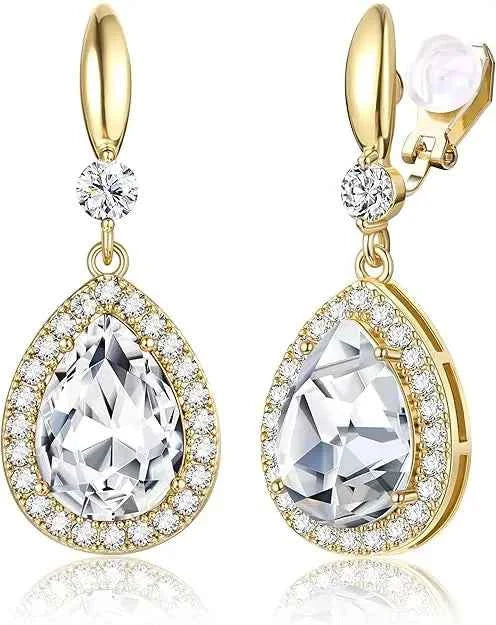 Teardrop Clip-On Earrings - 14K Gold Plated with Cubic Zirconia