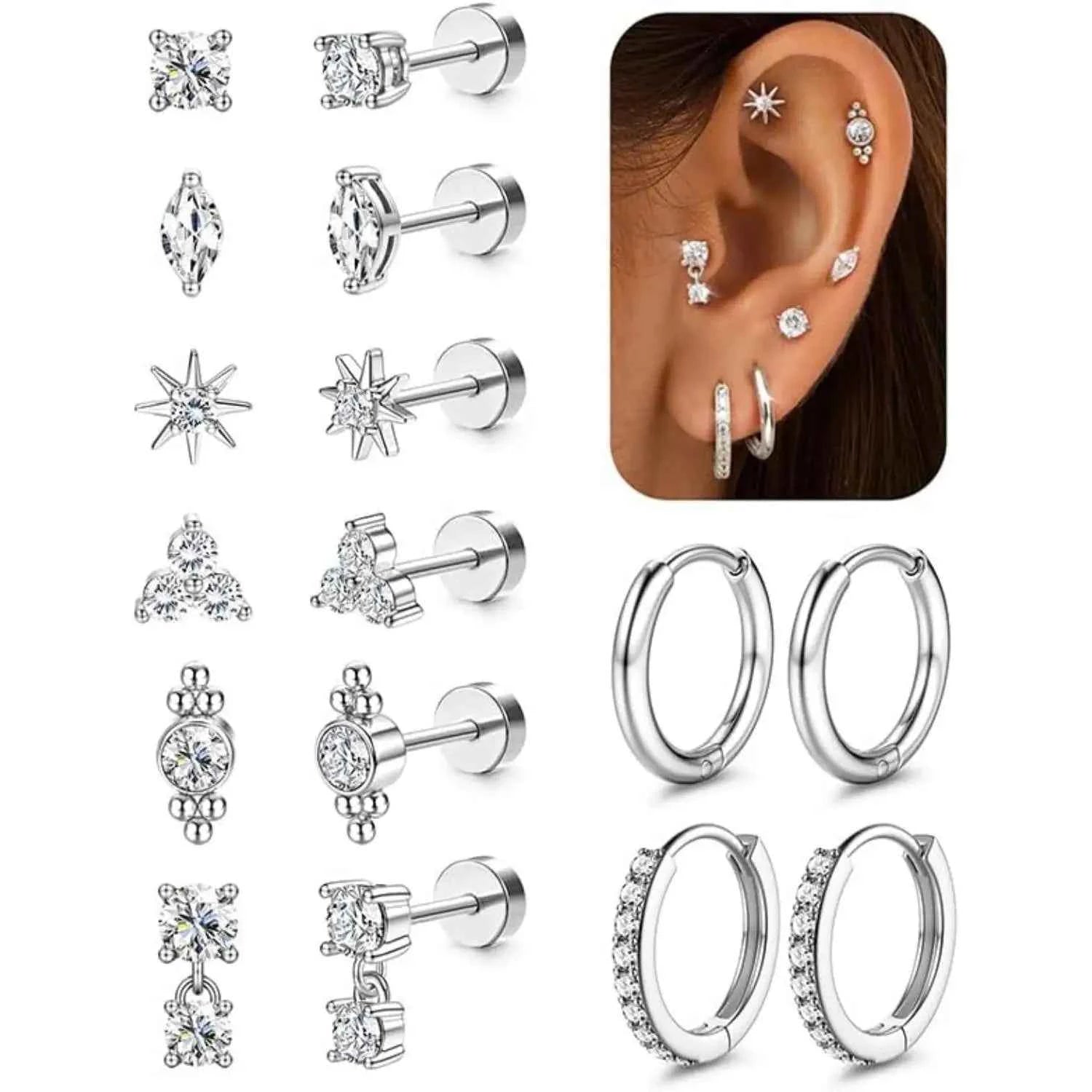 8 Pairs 14K Gold Plated Surgical Steel Flat Back Earrings & Huggie Hoops Set – Hypoallergenic Cartilage & Lobe Piercing Jewelry (20G)