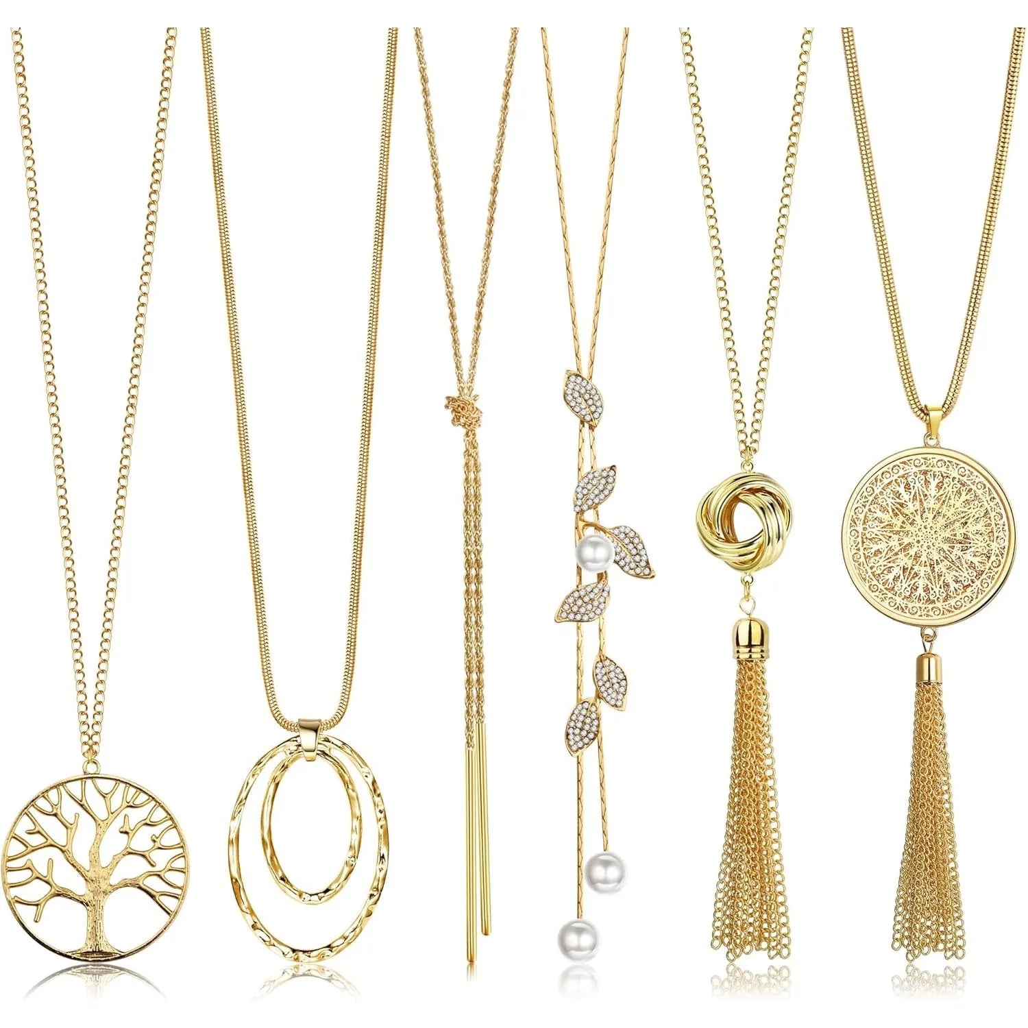 Collection of gold necklaces with various designs on a white background