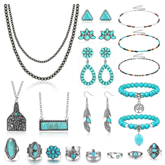 Turquoise Jewelry Set - Bohemian Western Necklace, Earrings & Bracelet