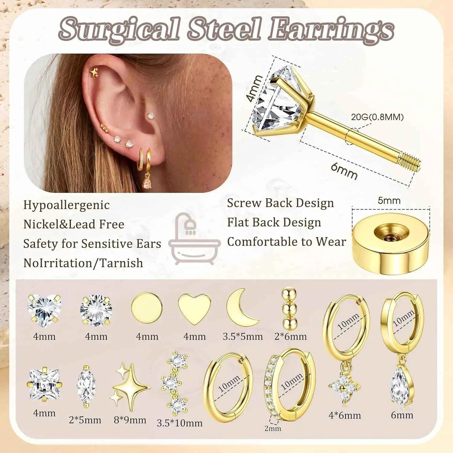 Hypoallergenic Flat Back Earrings Set for Women 14K Gold-plated Surgical Steel Stud Hoop Earrings Cartilage Piercing Jewellry