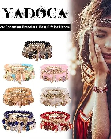 YADOCO Bohemian bracelets with a model wearing one, on a white background.