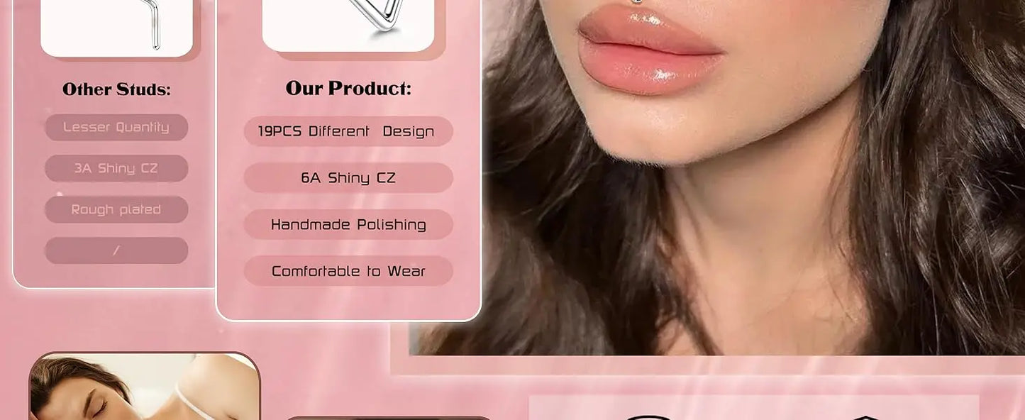 Delicate Nose Stud Collection - 19-Piece Surgical Steel L-Shaped Set