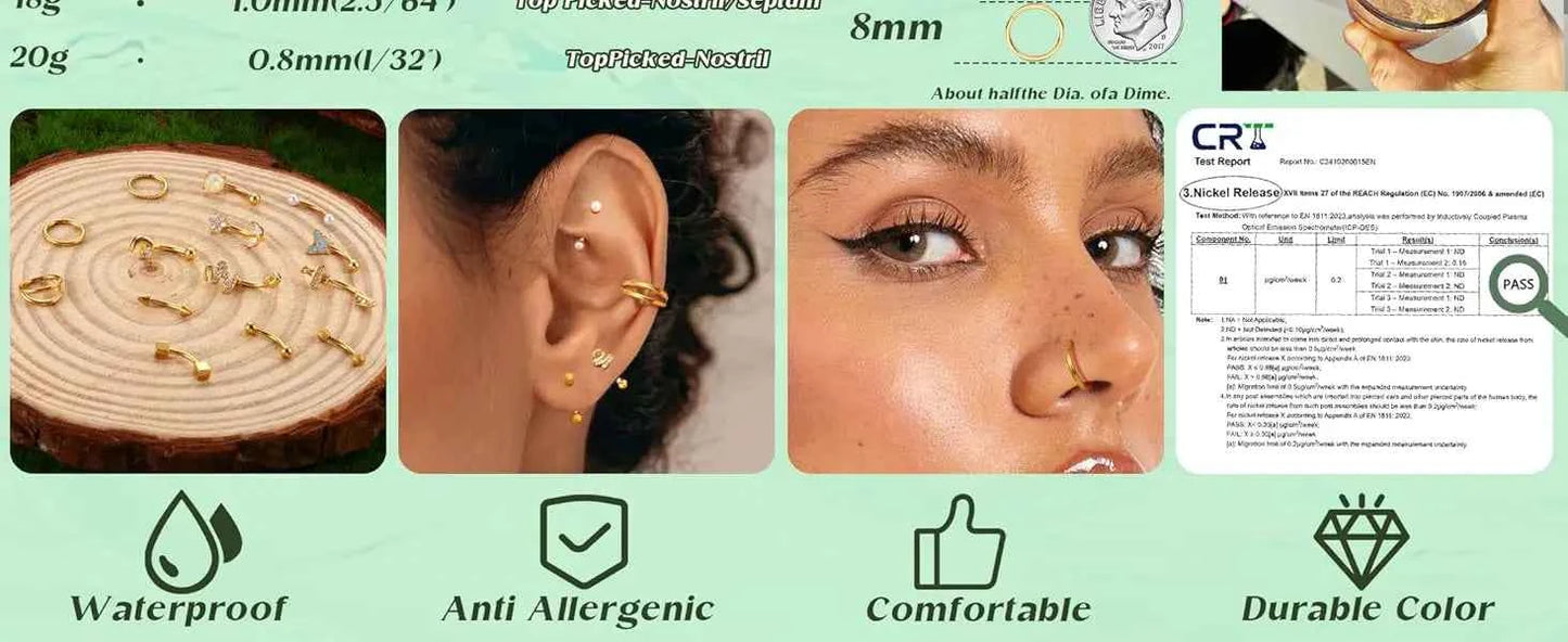Body Piercing Jewelry Set - 14 Pcs 16G Surgical Steel Eyebrow Rook Belly Lip Rings
