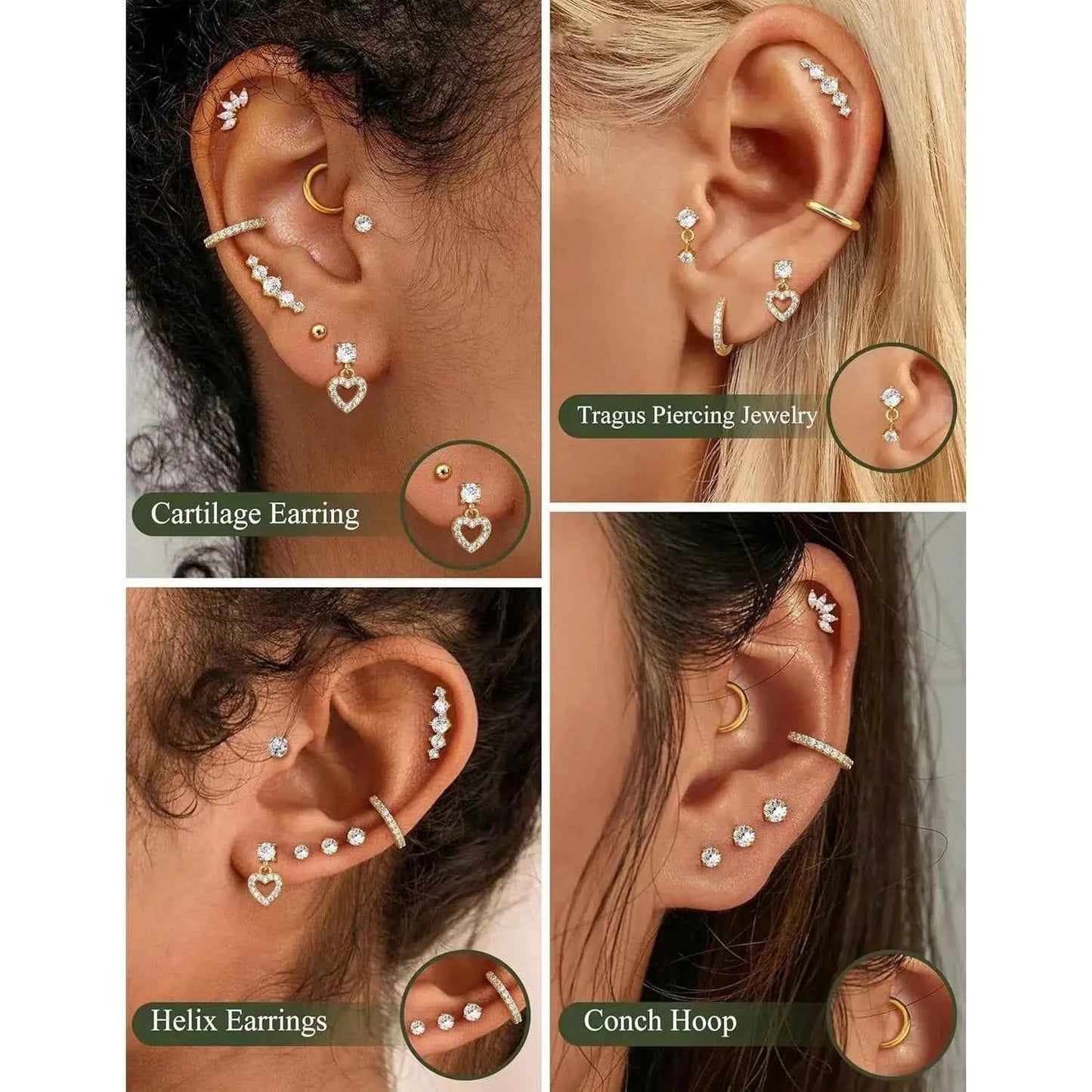 Flat Back Earrings Set - 11 Pairs Surgical Steel Studs & Hoops for Cartilage Helix Tragus