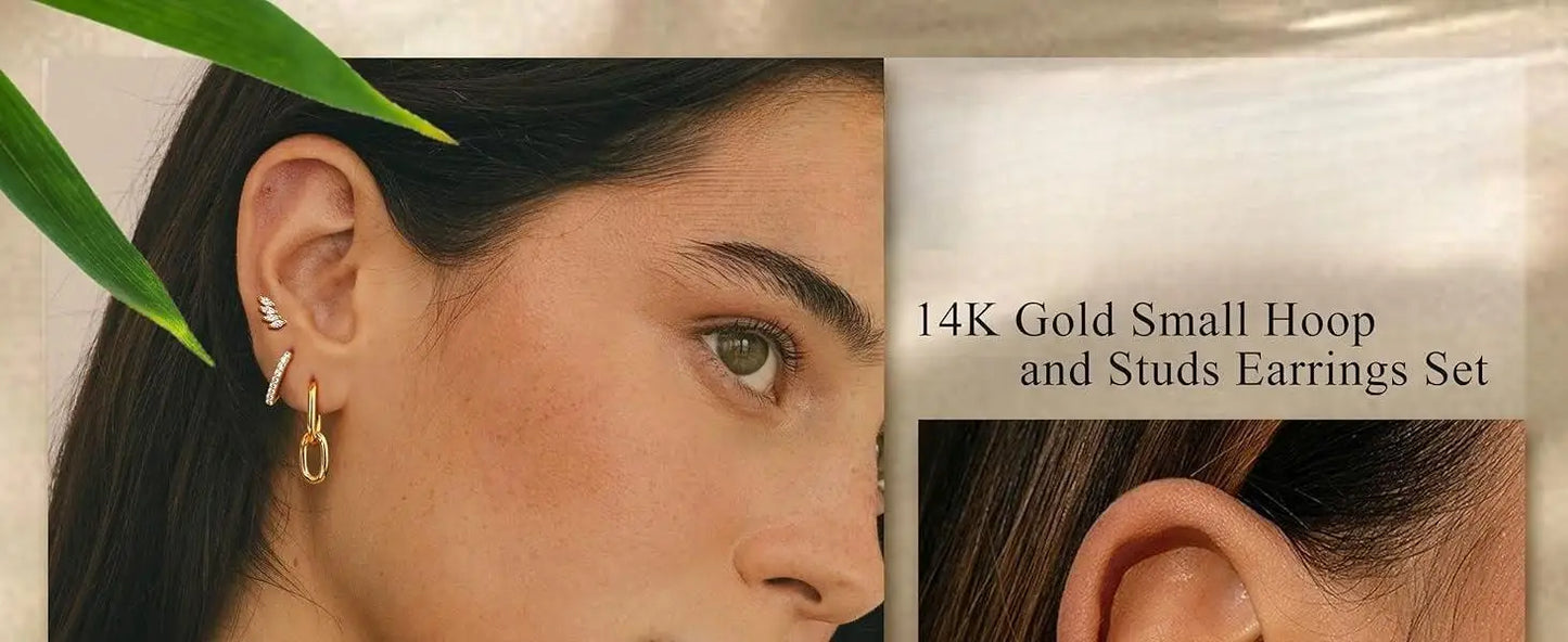 Close-up of a woman wearing 14K gold small hoop and studs earrings with text overlay.