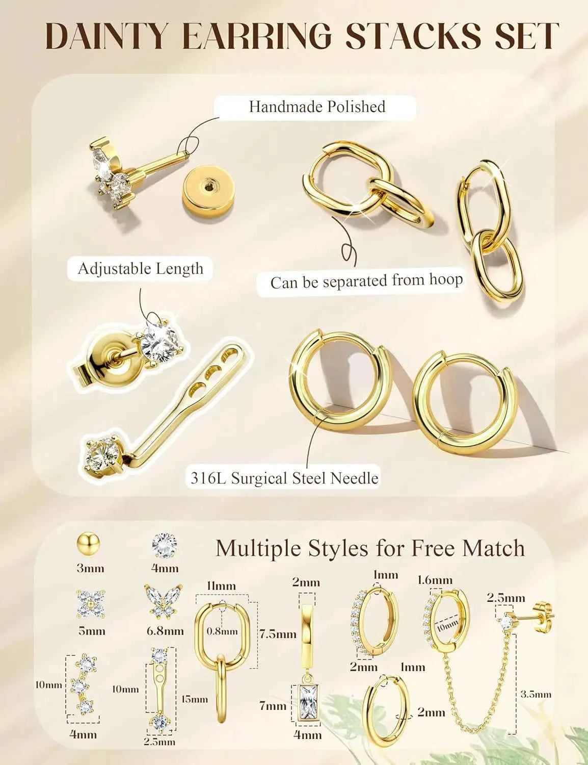14K Gold Plated Hoop Earrings for Women Double Piercing Chain Earrings Dainty Stud Earrings Hypoallergenic Hoop Earrings Set