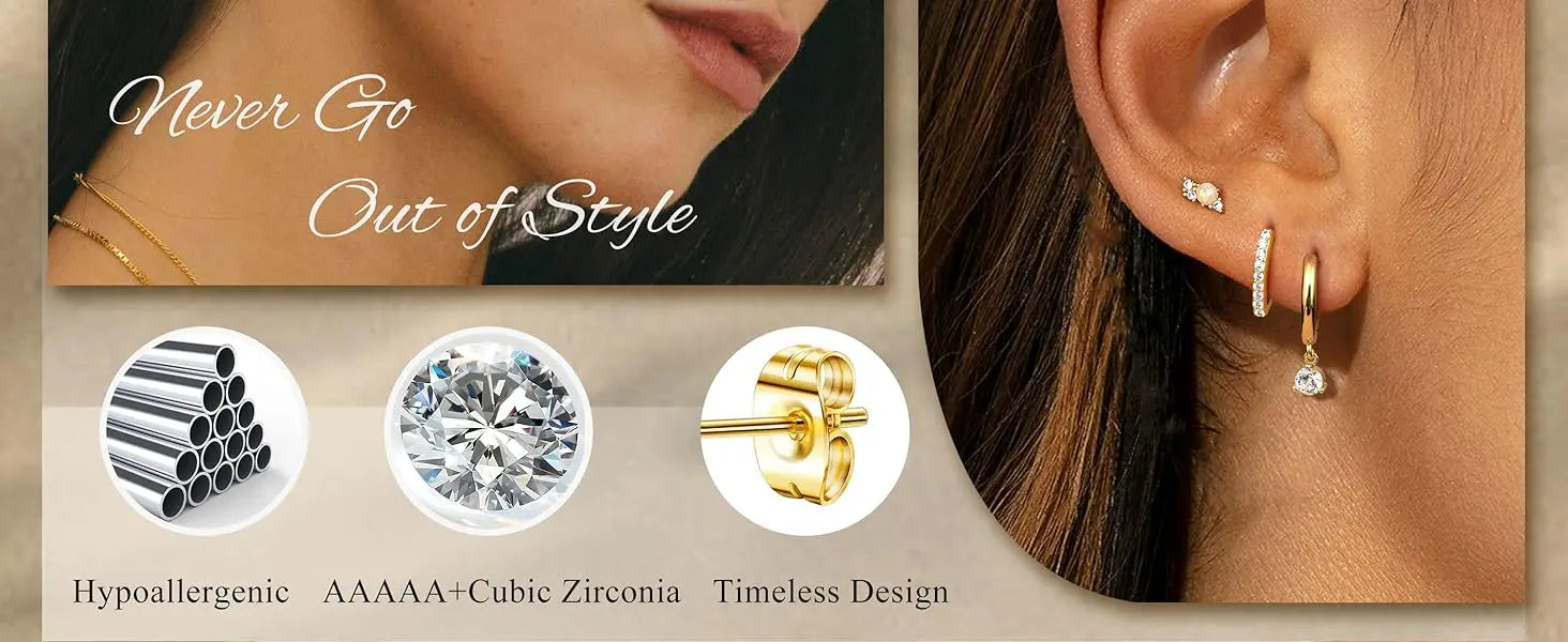 Earrings displayed on an ear with close-up details of materials used, including zirconia and gold.