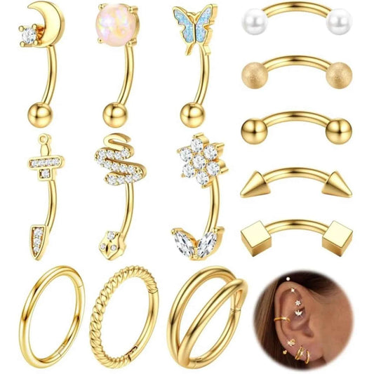 Body Piercing Jewelry Set - 14 Pcs 16G Surgical Steel Eyebrow Rook Belly Lip Rings