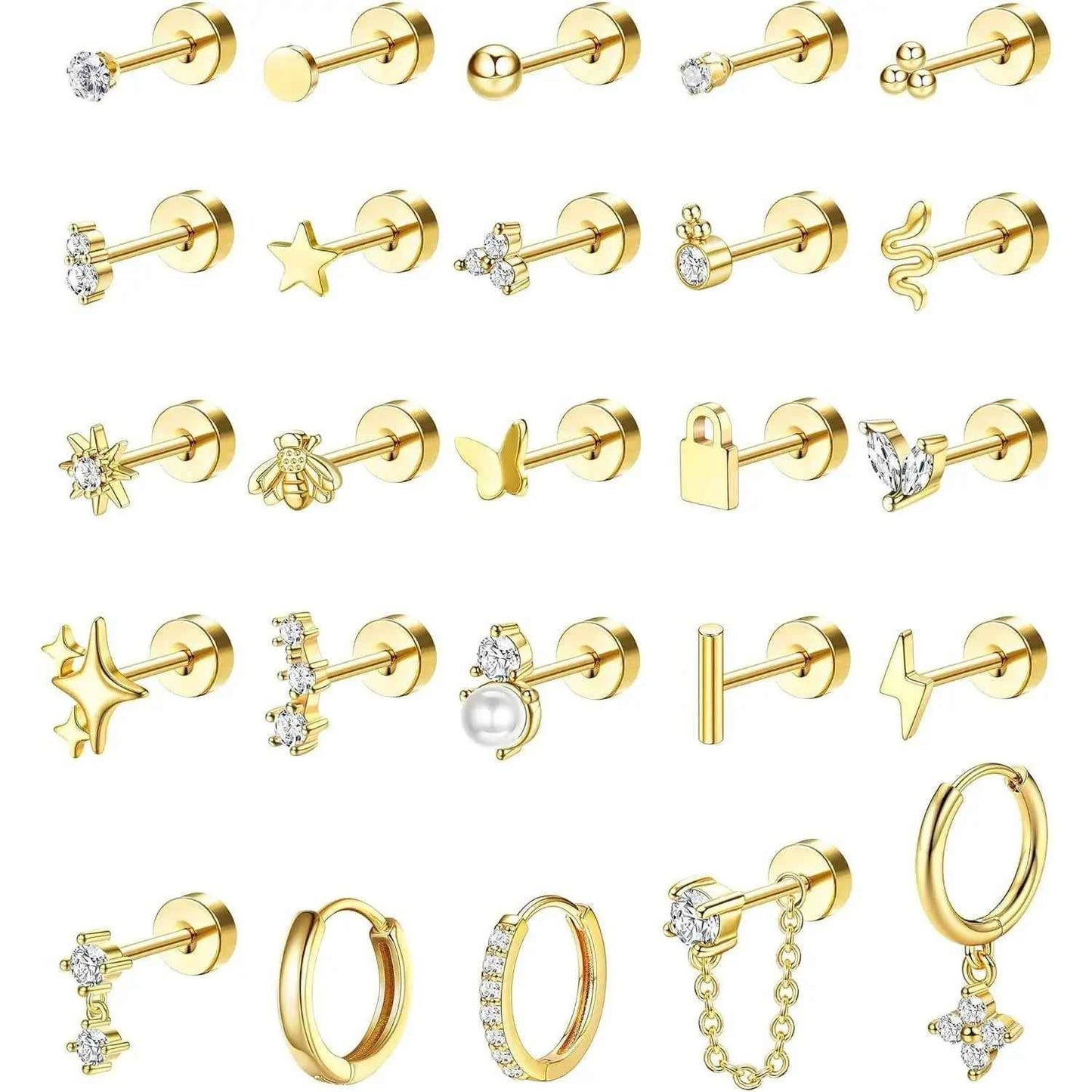Earrings for Sensitive Ears - 25 Pcs Surgical Steel Flat Back Studs & Hoops Set