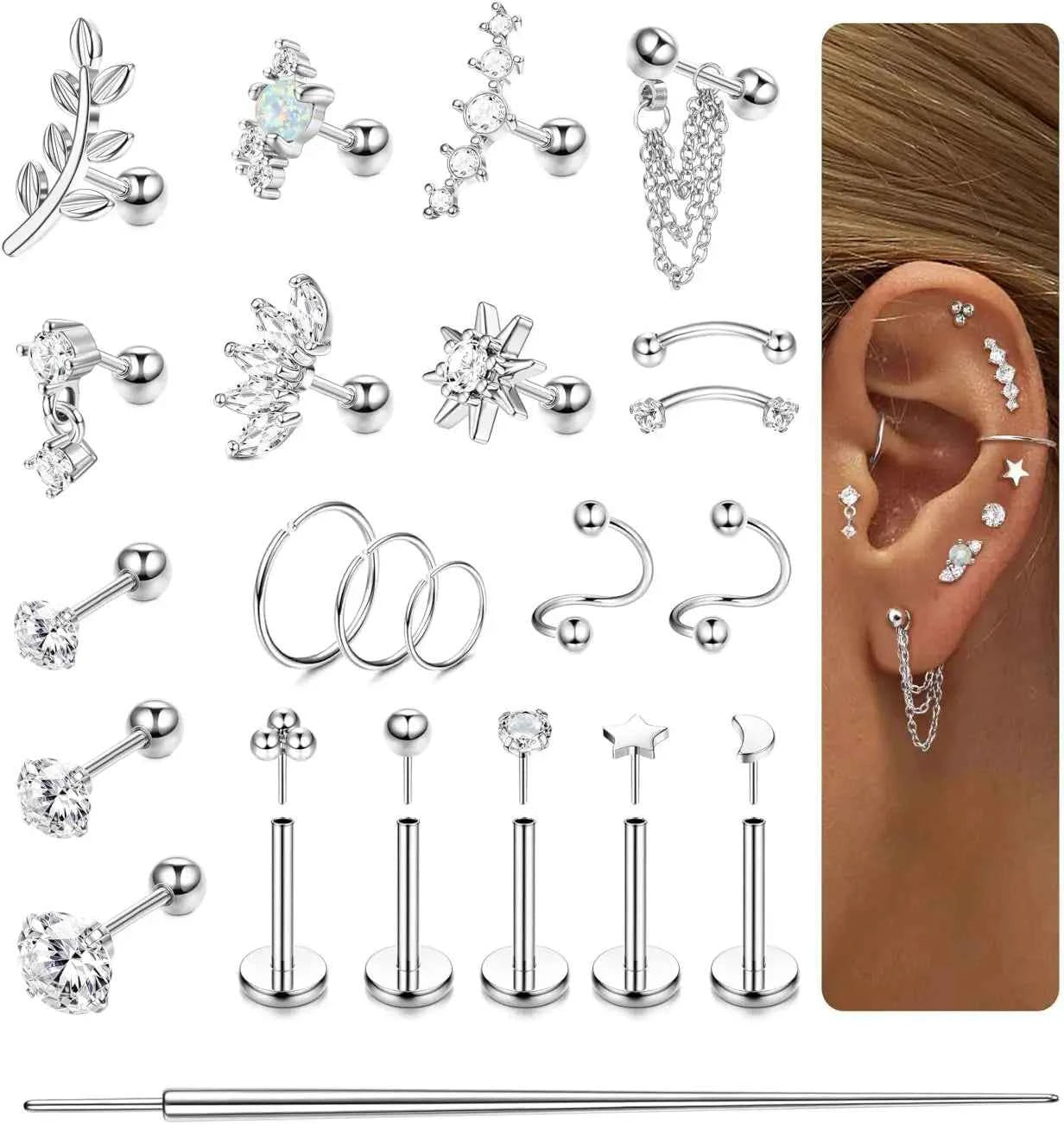 Cartilage Earrings Set - 22 Pieces 16G Surgical Steel Flat Back Studs & Nose Rings