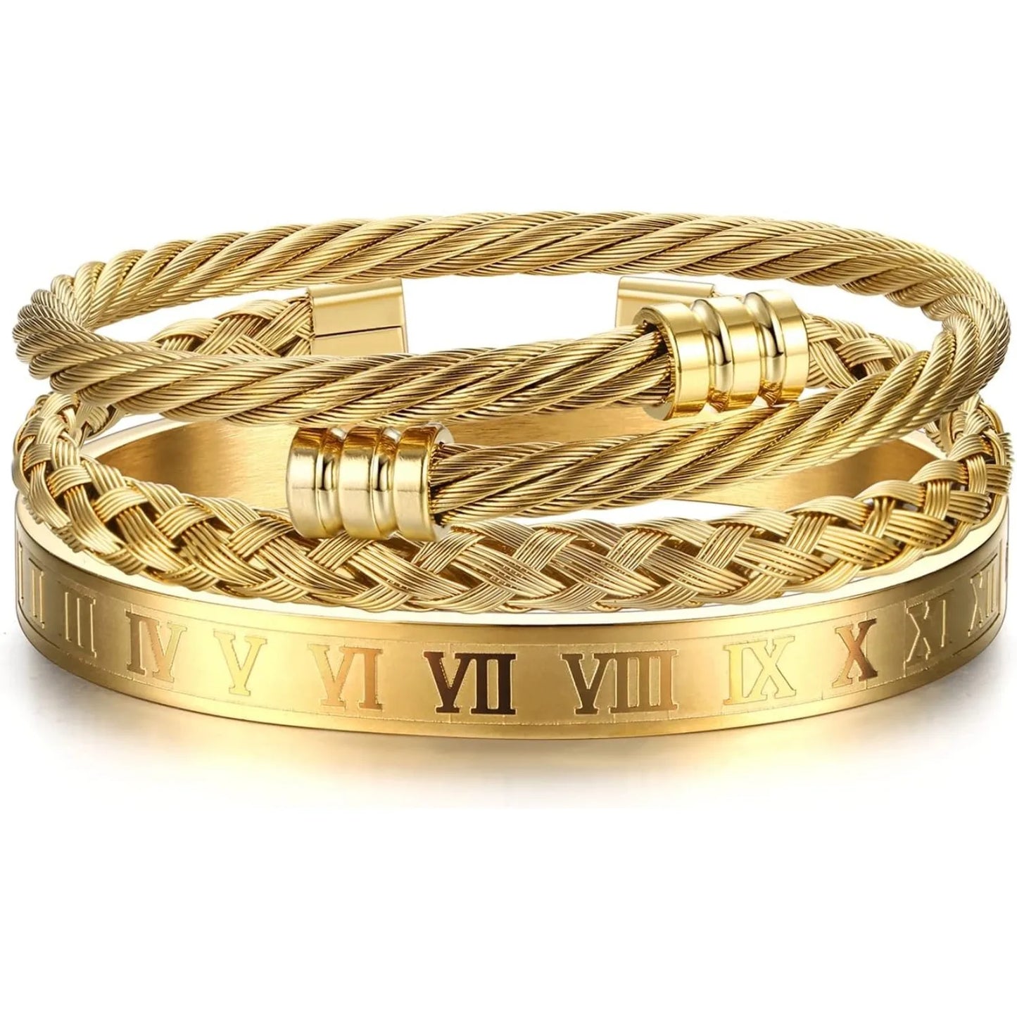 Gold braided bracelet with Roman numeral engraving on a white background