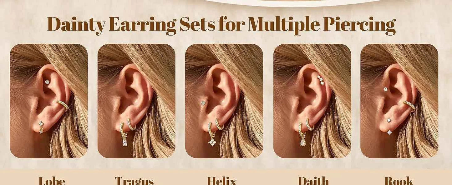 14K Gold Plated Flat Back Earrings - 10 Pairs CZ Hoop Set for Helix Conch Tragus