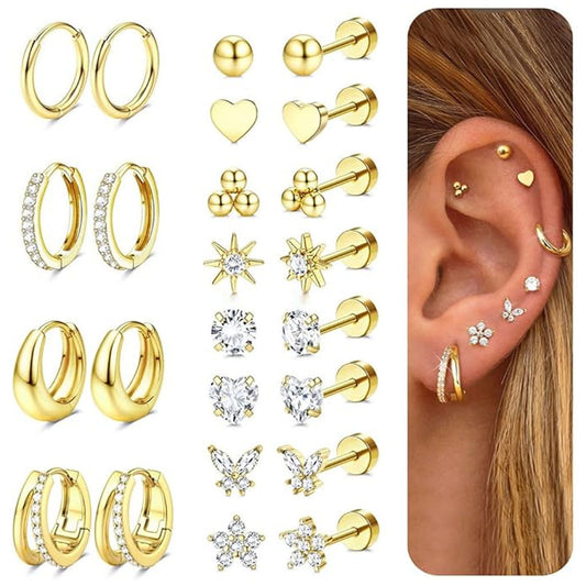 Collection of gold earrings including hoops, studs, and heart shapes with a close-up of an ear wearing some of them.