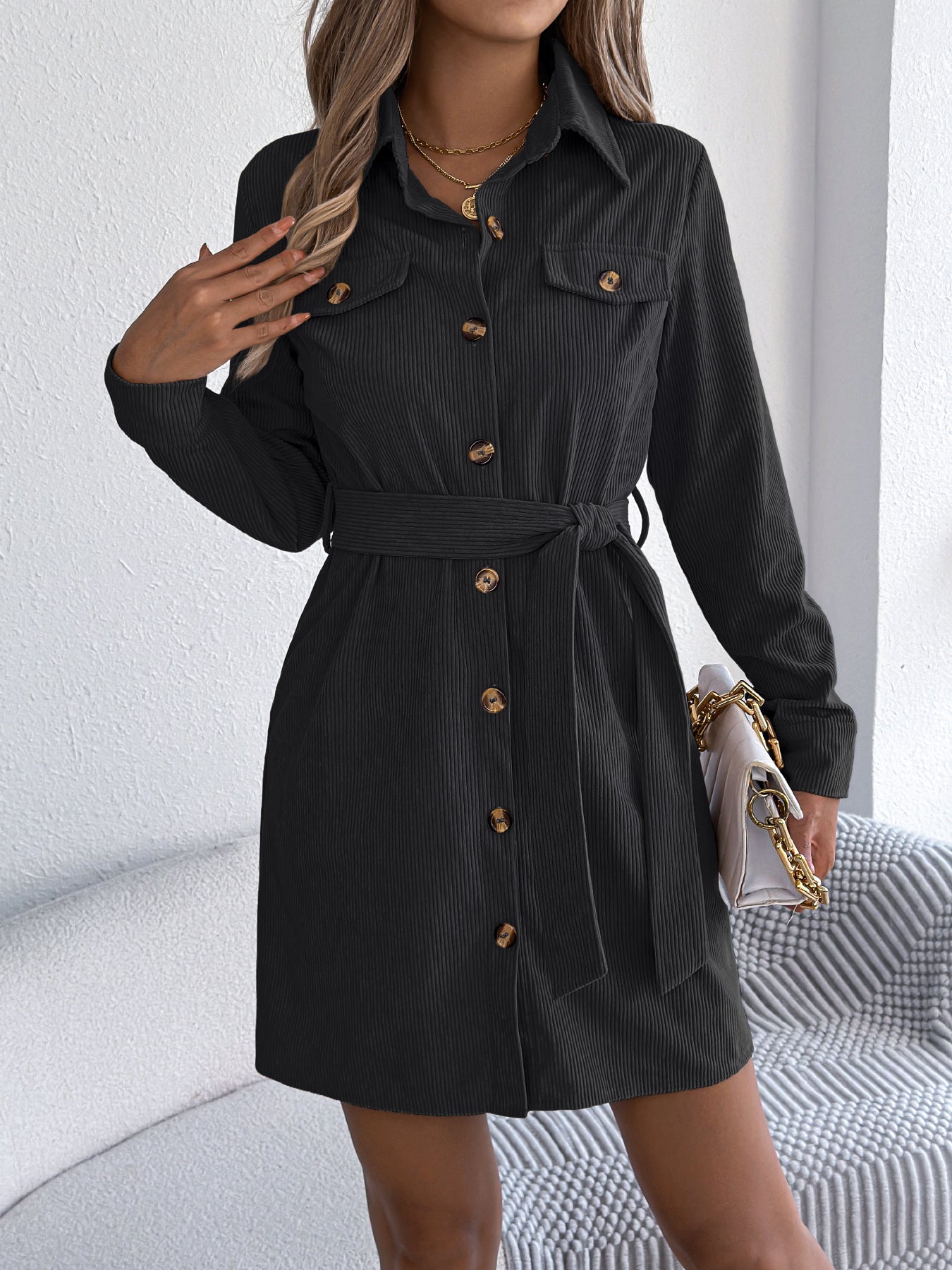 Corduroy Shirt Dress for Women - Long Sleeve Button-Up Midi Dress with Belt