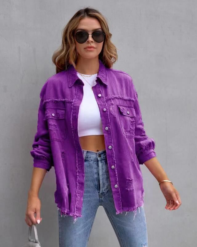 Women's Ripped Denim Shirt Jacket - Casual Loose Fit Long Sleeve Coat