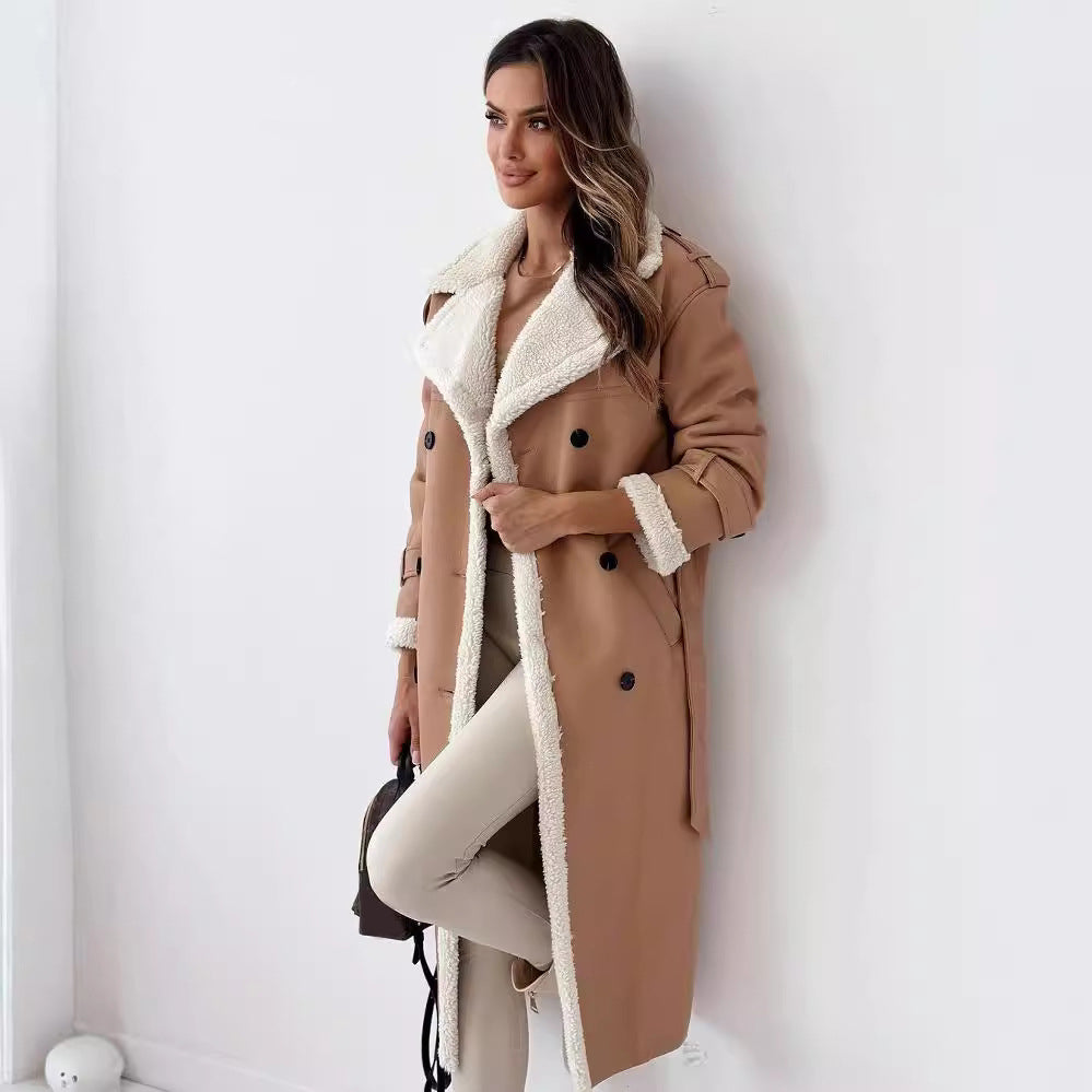 Women's Double-Breasted Trench Coat - Belted Mid-Length Winter Windbreaker