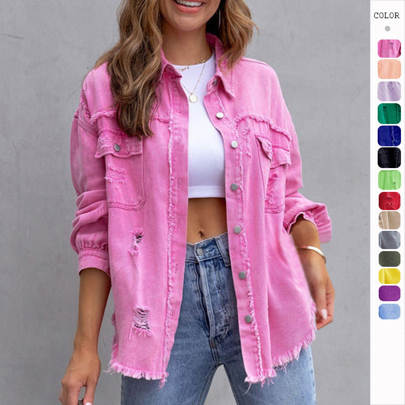 Women's Ripped Denim Shirt Jacket - Casual Loose Fit Long Sleeve Coat