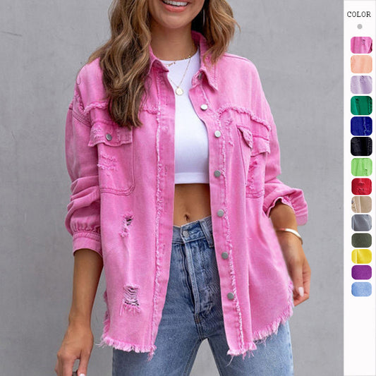 Women's Ripped Denim Shirt Jacket - Casual Loose Fit Long Sleeve Coat