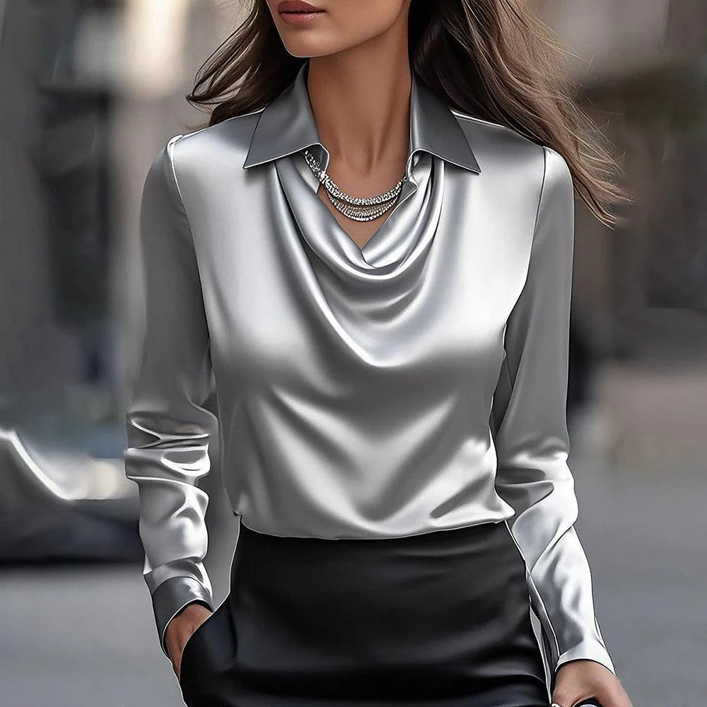 Women's Satin Blouse - Elegant Swing Collar Draped Long Sleeve Office Top