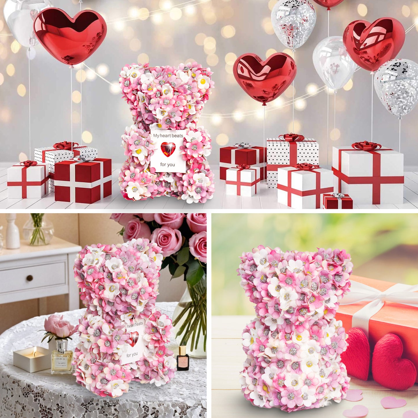 Valentine's Day Rose Bear - Handmade Artificial Flower Gift for Her
