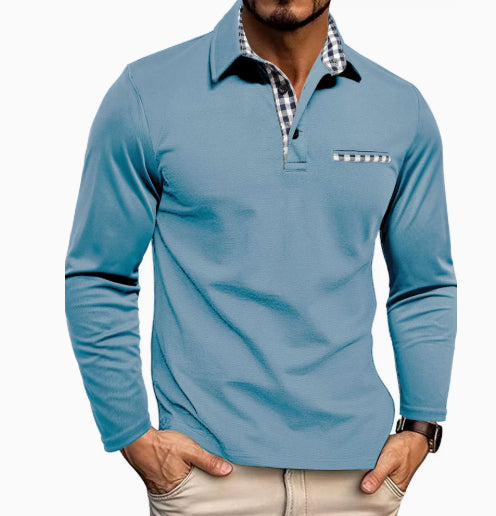 Men's Plaid Splicing Polo Shirt - Long Sleeve Lapel Collar Casual Top