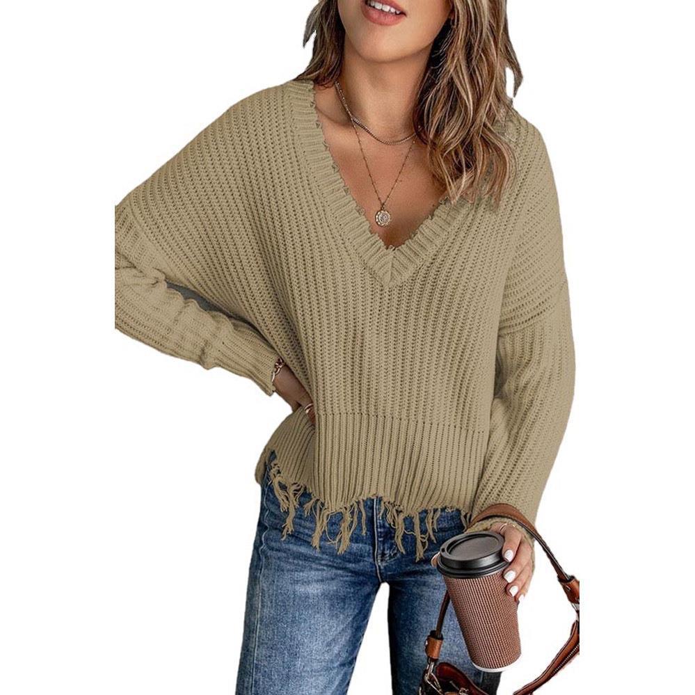 Women's Cotton Tassel Sweater - Ripped Knitted Fashion Pullover