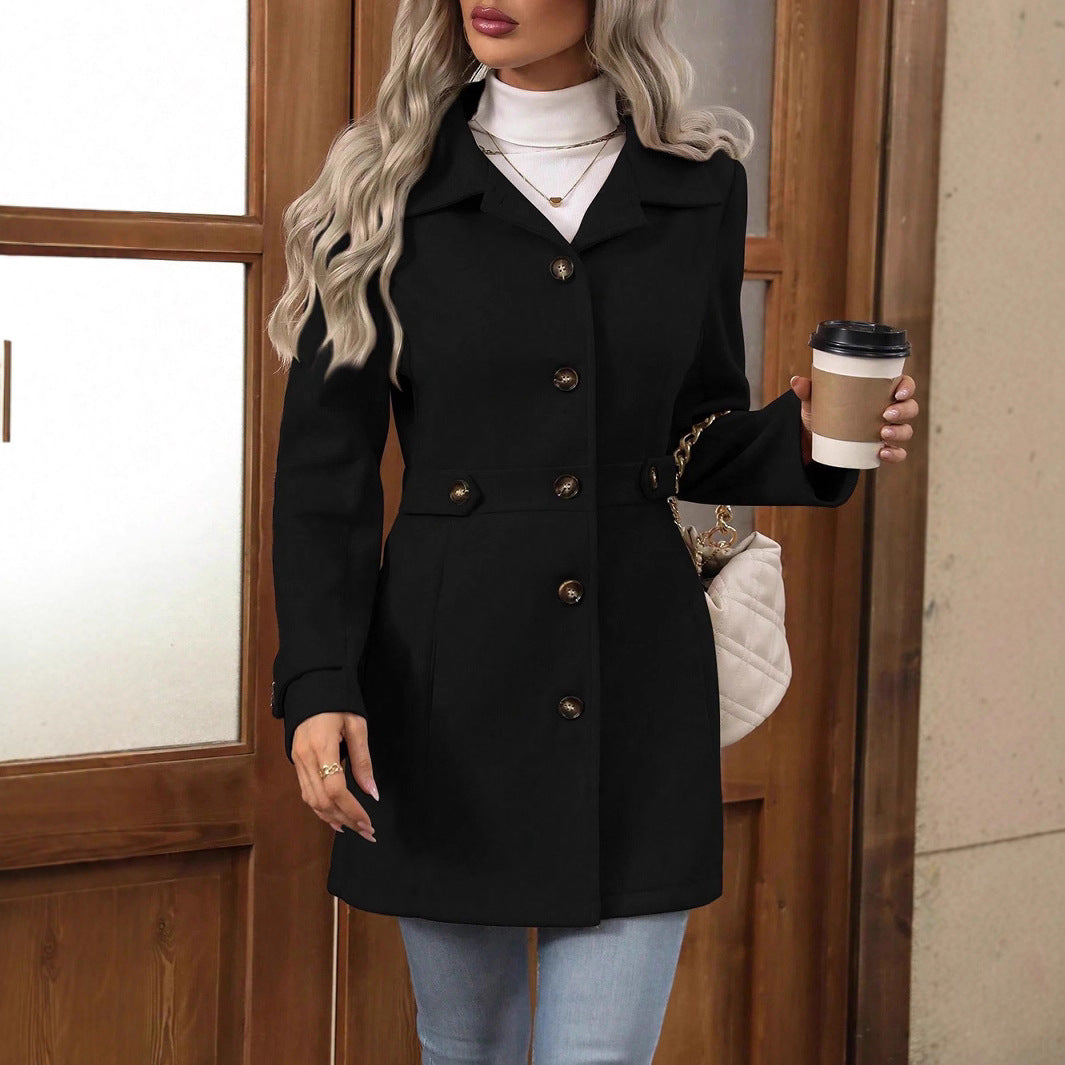 Women's Elegant Woolen Coat - Single-Breasted Mid-Length Lapel Jacket