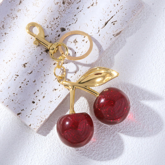 Red Cherry Crystal Keychain - Glitter Bag Charm Accessory (Pair)