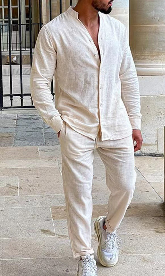 Men's Linen Lounge Suit - 2-Piece Solid Color Shirt & Pants Set