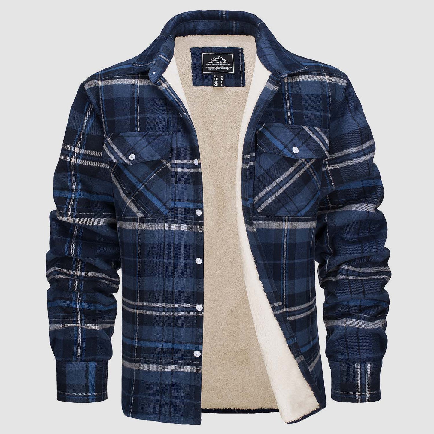 Men's Fleece-Lined Plaid Jacket - Long Sleeve Lapel Collar Winter Coat