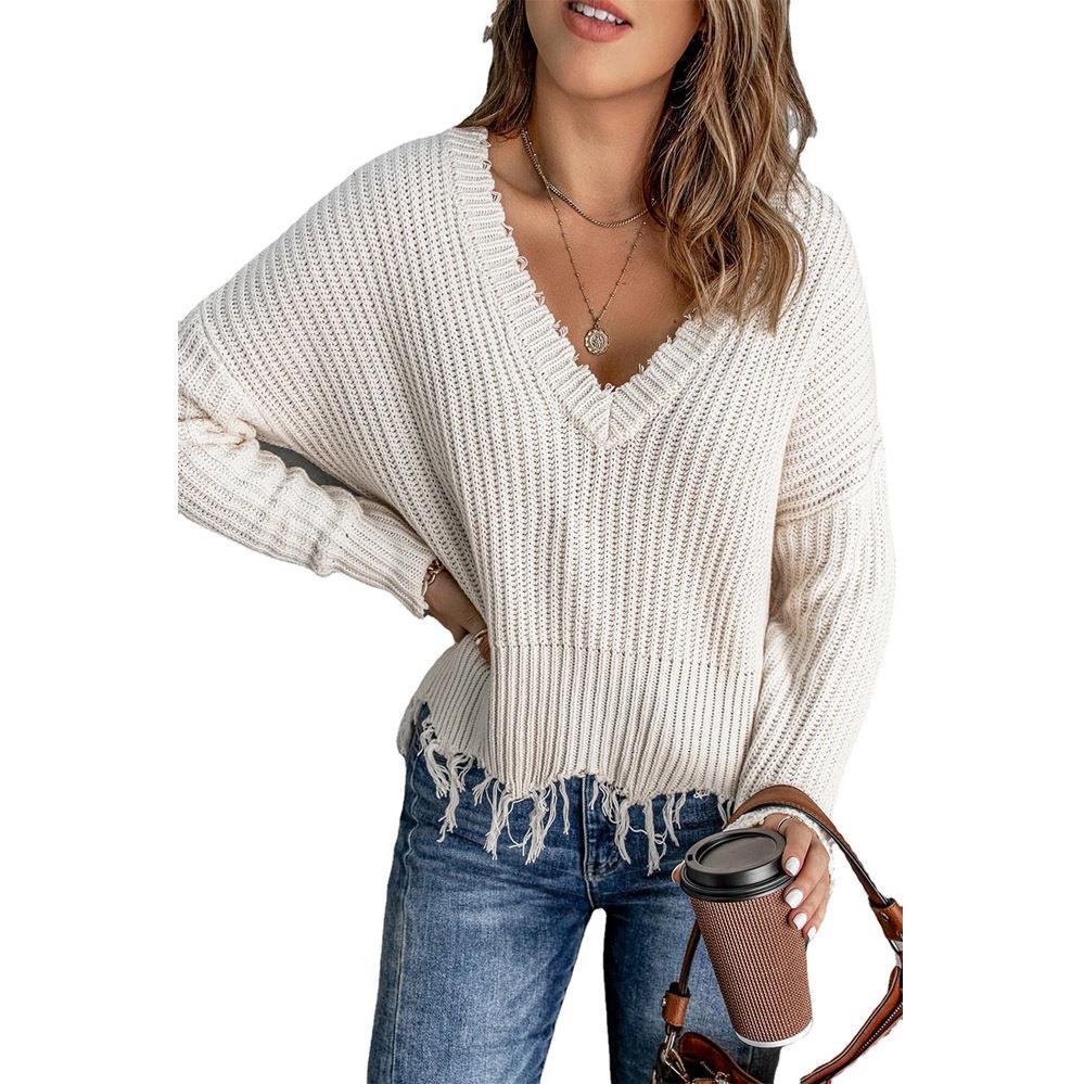 Women's Cotton Tassel Sweater - Ripped Knitted Fashion Pullover