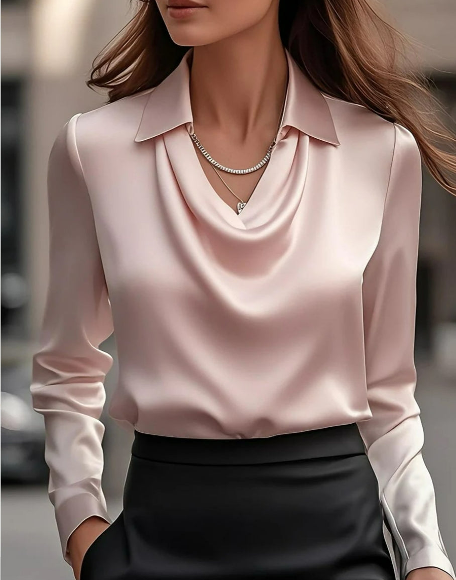 Women's Satin Blouse - Elegant Swing Collar Draped Long Sleeve Office Top