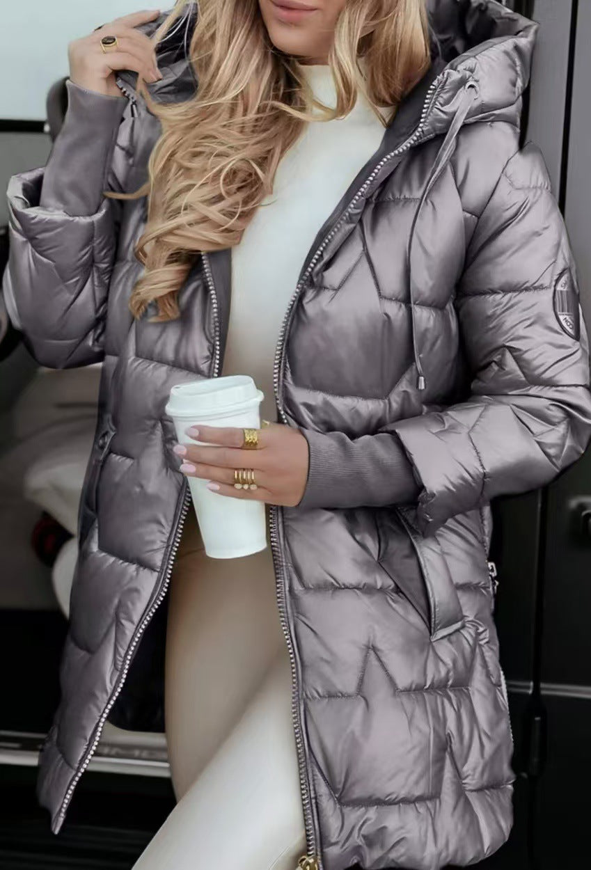 Women's Elegant Hooded Down Jacket - Lightweight Puffer Cardigan Coat for Winter