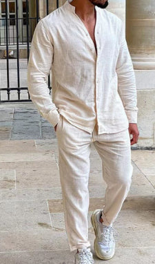 Men's Linen Lounge Suit - 2-Piece Solid Color Shirt & Pants Set