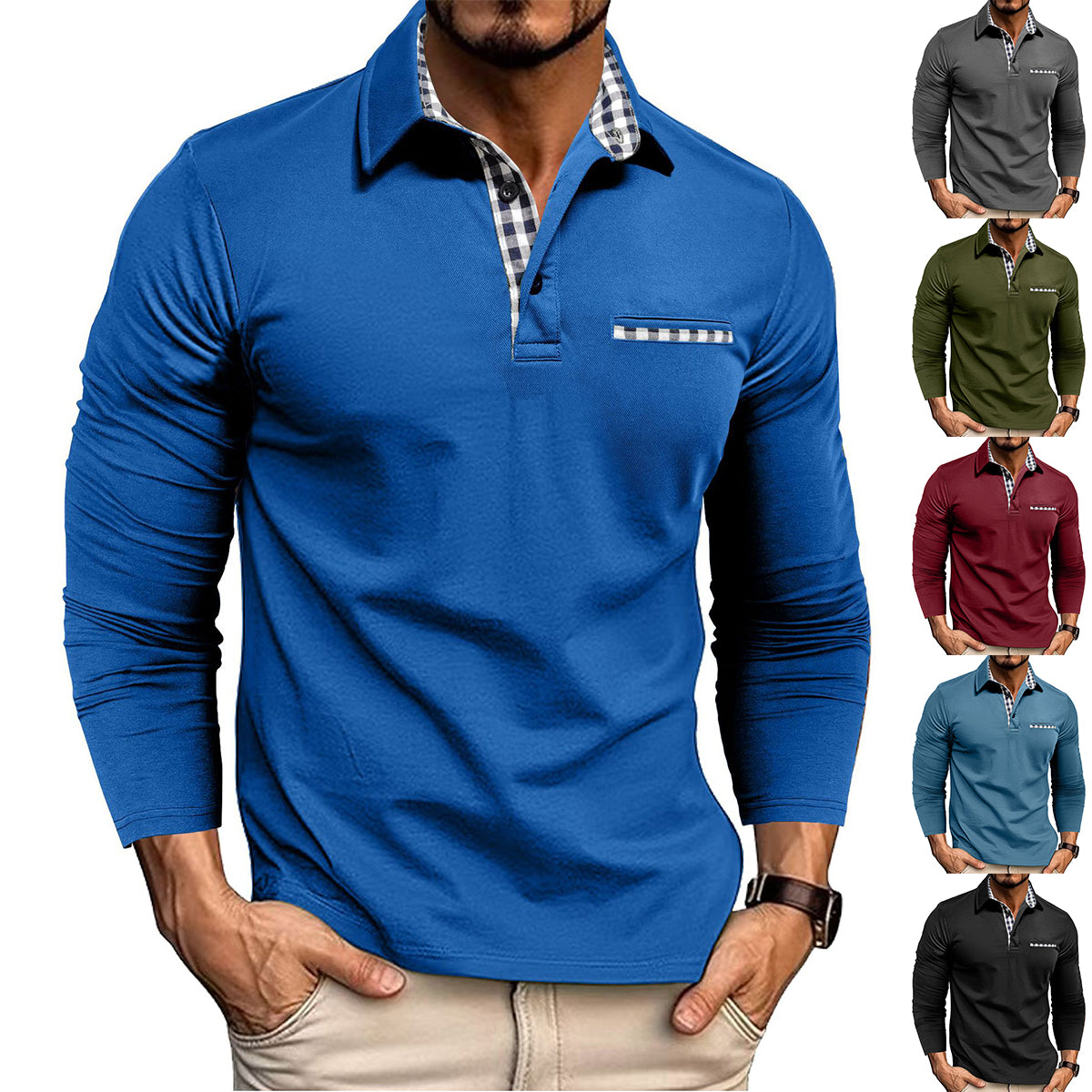 Men's Plaid Splicing Polo Shirt - Long Sleeve Lapel Collar Casual Top