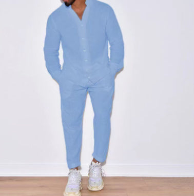 Men's Linen Lounge Suit - 2-Piece Solid Color Shirt & Pants Set