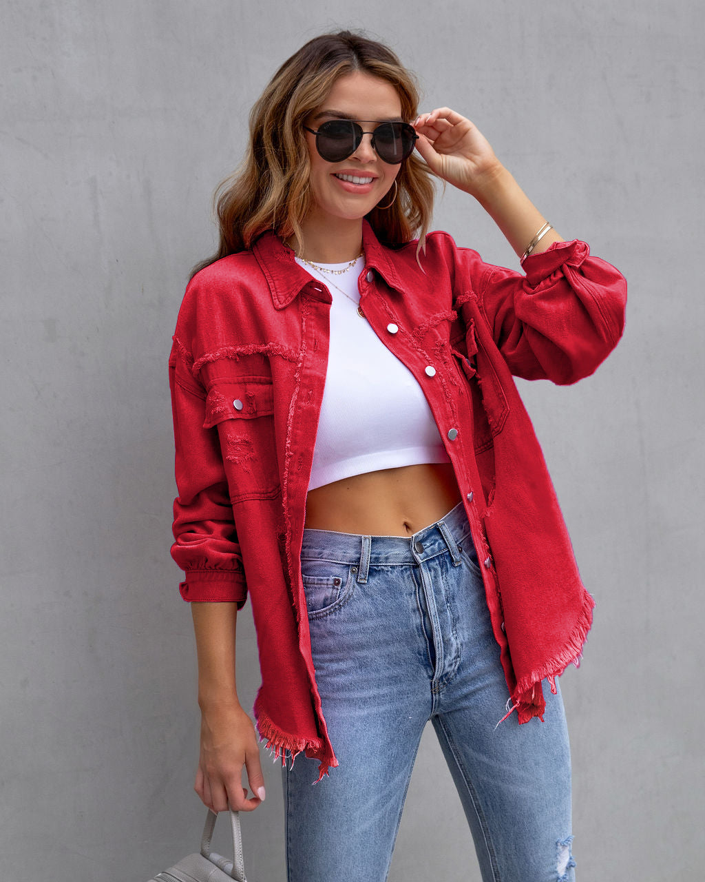 Women's Ripped Denim Shirt Jacket - Casual Loose Fit Long Sleeve Coat