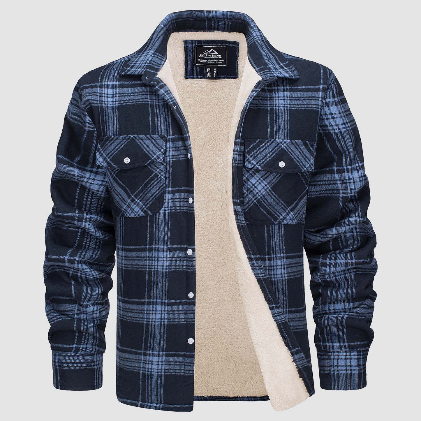Men's Fleece-Lined Plaid Jacket - Long Sleeve Lapel Collar Winter Coat