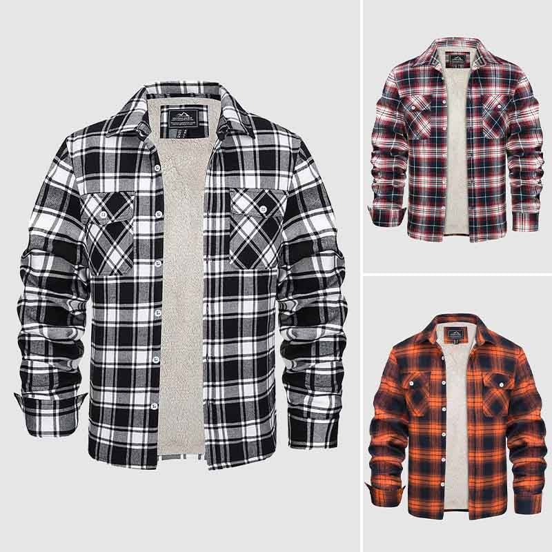 Men's Fleece-Lined Plaid Jacket - Long Sleeve Lapel Collar Winter Coat