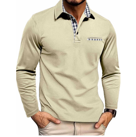 Men's Plaid Splicing Polo Shirt - Long Sleeve Lapel Collar Casual Top